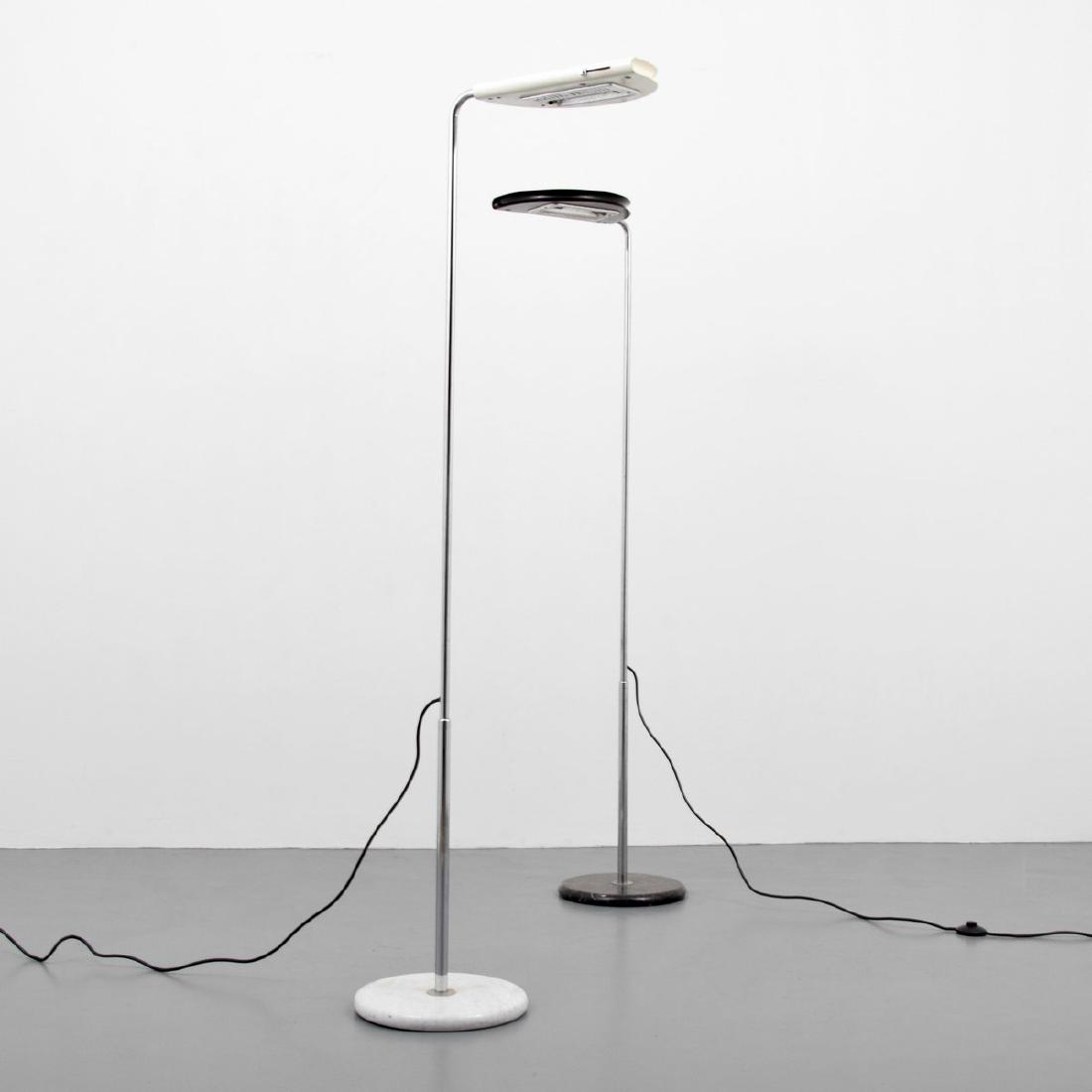 Two Bruno Gecchelin MEZZALUNA Floor Lamps: Designer/Artist; Manufacturer: Bruno Gecchelin; Skipper Markings: no marking(s) apparent Country of Origin & Materials: Italy; chromed metal, enameled metal, marble Additional Information: One lamp wi