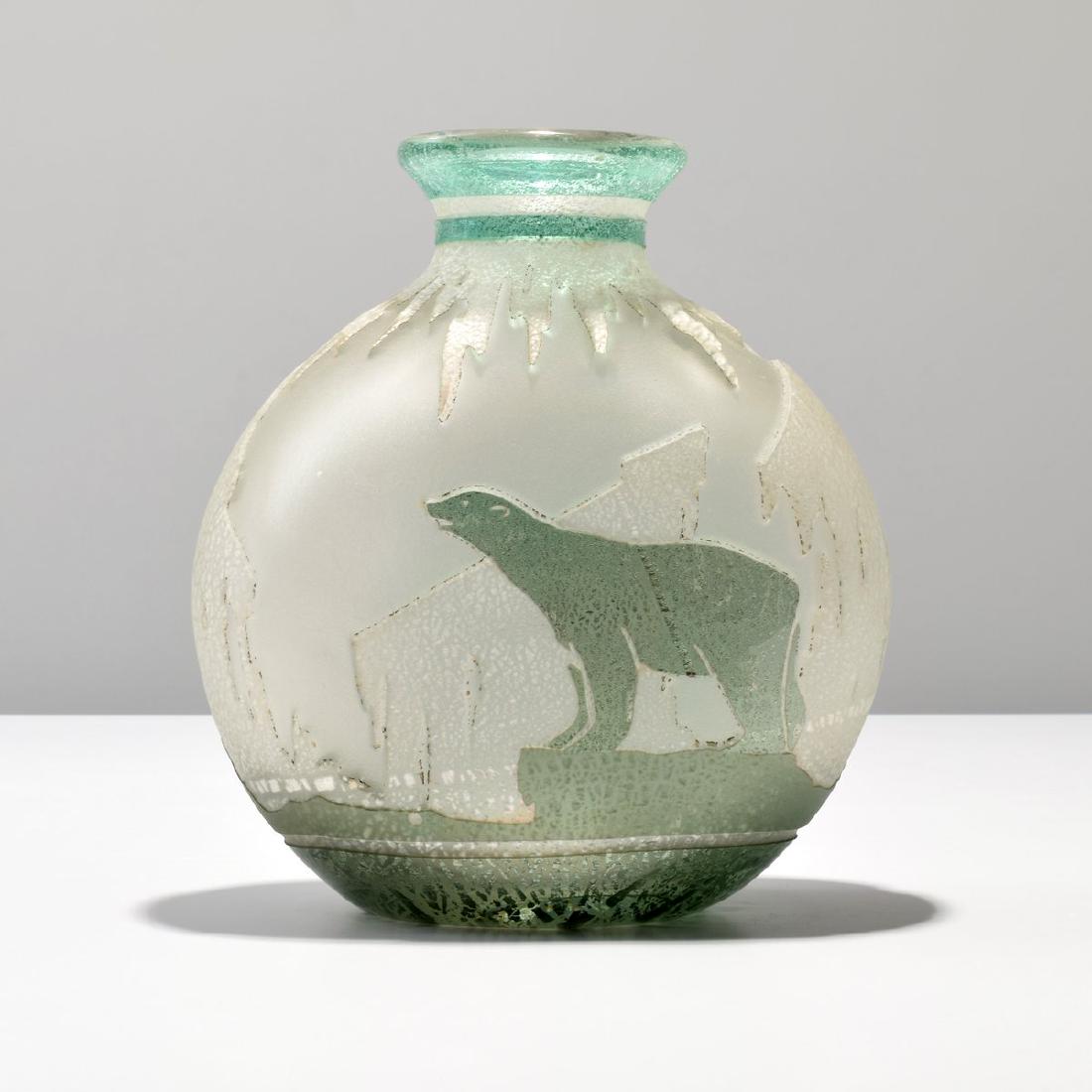 Large Muller Freres Polar Bear Vase: Designer/Artist; Manufacturer: Muller Freres Markings: signed Country of Origin & Materials: France; glass Additional Information: This lot is from the personal collection of Mr. Byron Fink of Philade