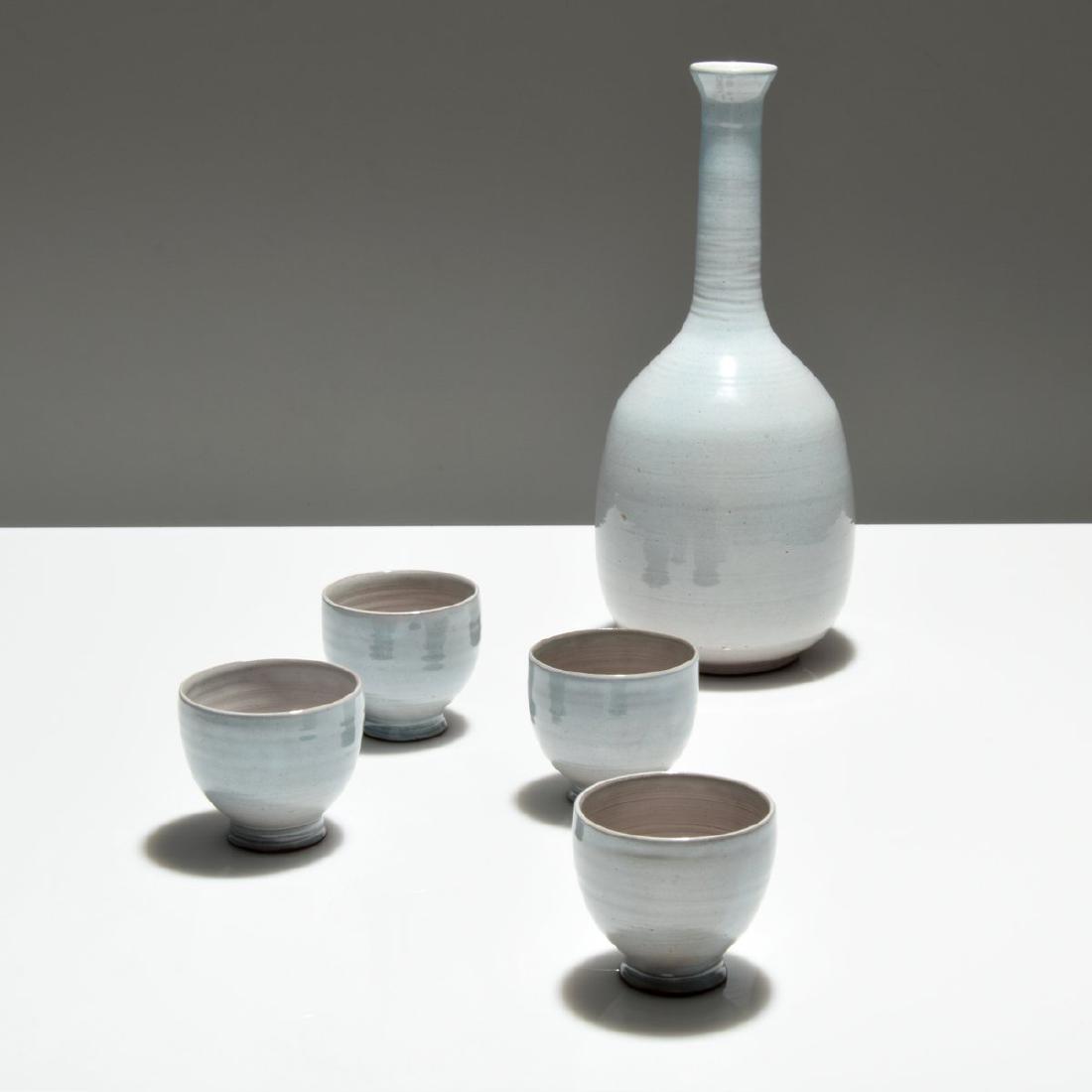 Edwin & Mary Scheier Drink Set, 5 Pieces: Designer/Artist; Manufacturer: Edwin (1910-2008), Mary Scheier (1908-2007) Markings: signed (all) Country of Origin & Materials: American; ceramic Additional Information: Lot is comprised of one decan