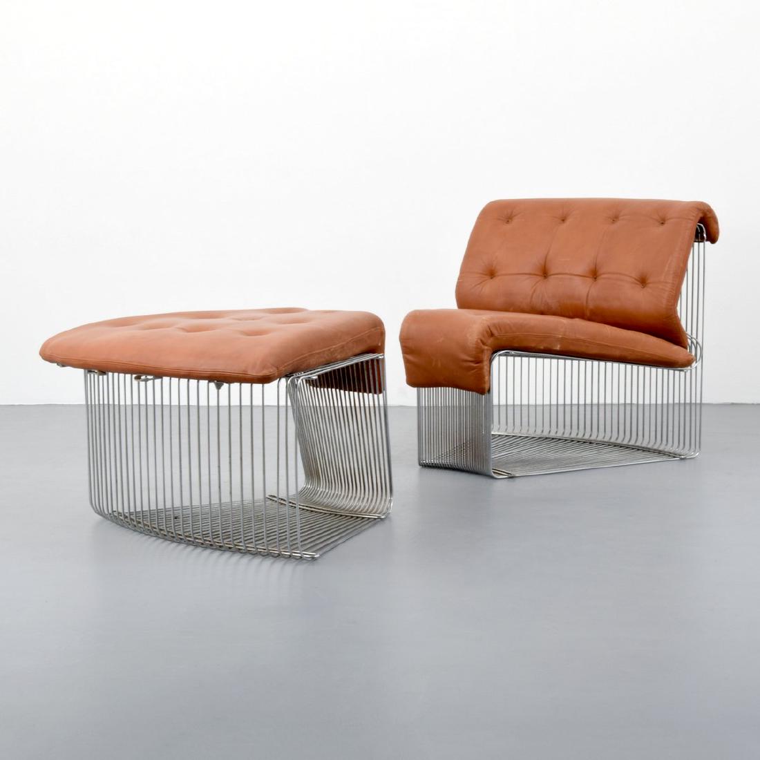 Verner Panton PANTONOVA Chair & Ottoman: Designer/Artist; Manufacturer: Verner Panton; Fritz Hansen Markings: Fritz Hansen label Country of Origin & Materials: Denmark; metal, leather Additional Information: Chair is model 113T. Reference: M