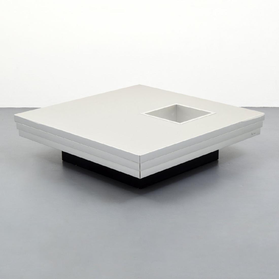Pierre Cardin Coffee Table: Designer/Artist; Manufacturer: Pierre Cardin Markings: signed Country of Origin & Materials: France; aluminum, chromed metal, wood Additional Information: 20th Century Design Dimensions(H,W,D): 13.2