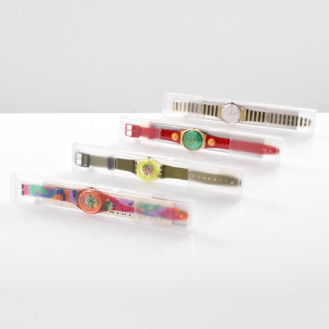 4 Vintage Swatch Watches: Designer/Artist; Manufacturer: Swatch Markings: marking(s) Country of Origin & Materials: Switzerland; plastic, other Additional Information: Lot is comprised of four Swatch fashion watches in origina