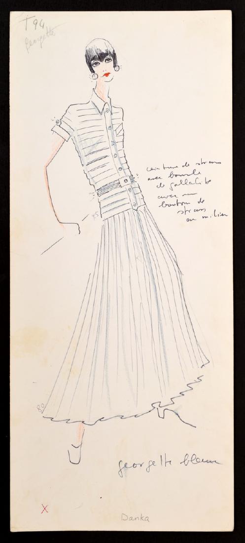 Karl Lagerfeld Fashion Drawing: Designer/Artist; Manufacturer: Karl Lagerfeld (1933-2019) Markings: marking(s) Country of Origin & Materials: German; card stock, some drawings have fabric samples, clippings etc. attached (see detail