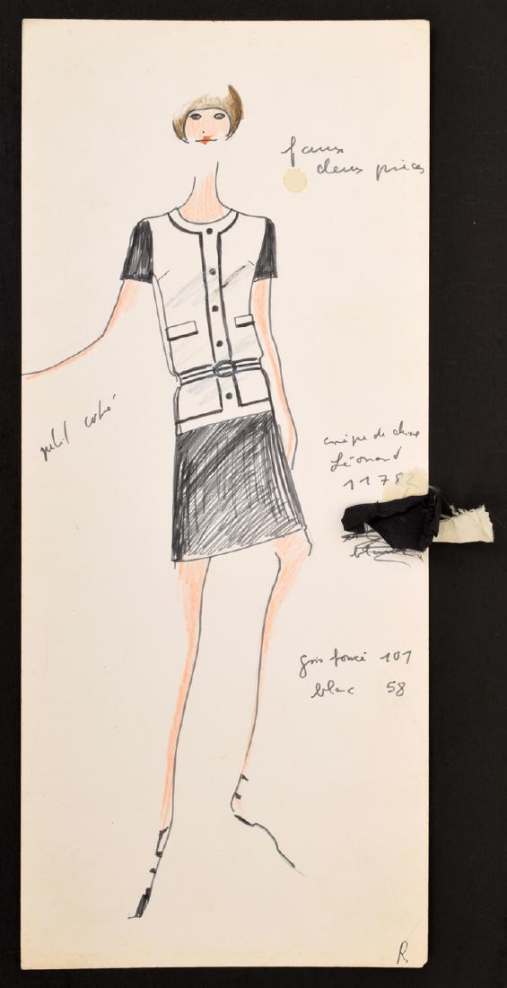 Karl Lagerfeld Fashion Drawing: Designer/Artist; Manufacturer: Karl Lagerfeld (1933-2019) Markings: marking(s) Country of Origin & Materials: German; card stock, some drawings have fabric samples, clippings etc. attached (see detail
