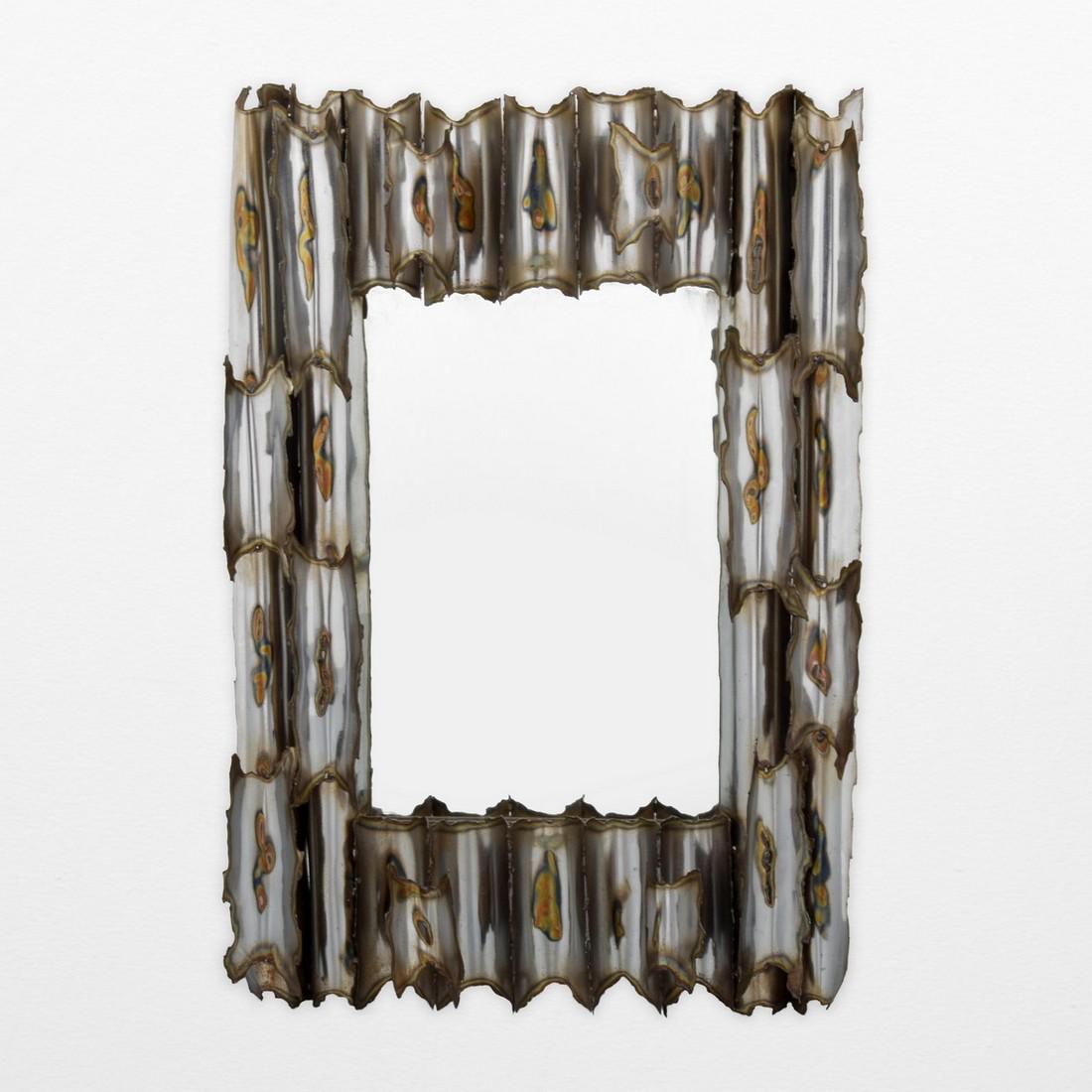 Large Brutalist Mirror, Manner of Curtis Jere: Designer/Artist; Manufacturer: Curtis Jere, manner of Markings: no marking(s) apparent Country of Origin & Materials: country of origin unknown; metal, mirrored glass Additional Information: 20th Cent