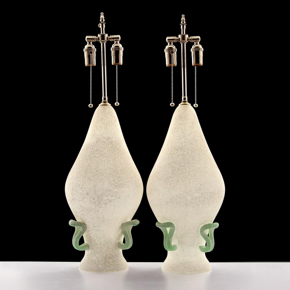 Pair of Scavo Murano Lamps, Manner of Alfredo Barbini: Designer/Artist; Manufacturer: Alfredo Barbini, manner of Markings: no marking(s) apparent Country of Origin & Materials: Italy; glass, chromed metal Additional Information: Lamps have two light socke