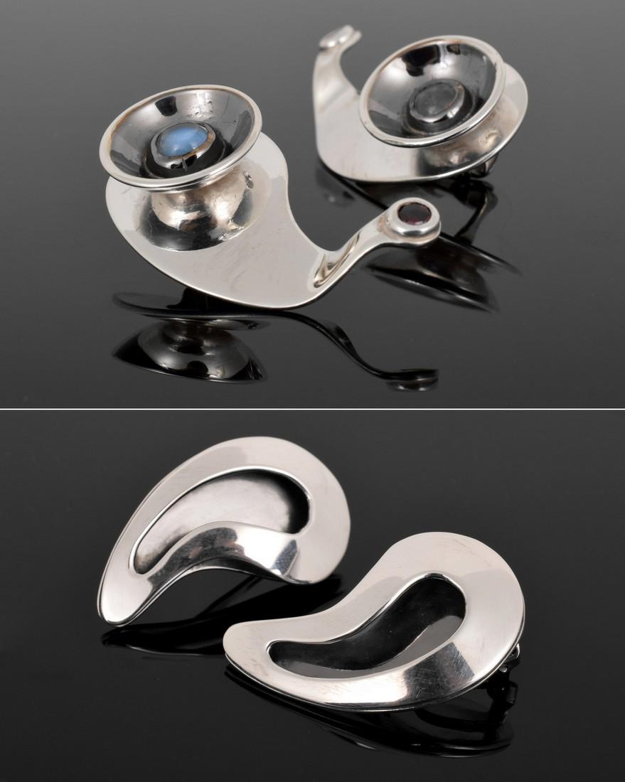 2 Pairs of Sterling Silver Earrings: Sam Kramer,: Designer/Artist; Manufacturer: Sam Kramer (American, 1913-1964), Rebajes Markings: artist's cipher (Kramer), Rebajes imprint, sterling Country of Origin & Materials: USA; sterling silver, moonstone Ad