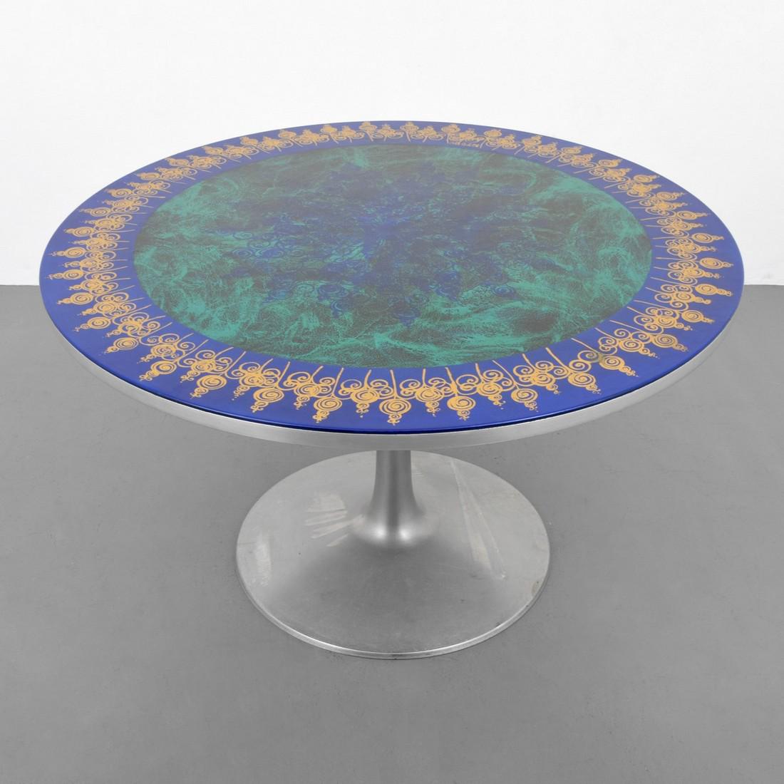 Bjorn Wiinblad & Poul Cadovius Dining Table: Designer/Artist; Manufacturer: Bjorn Wiinblad and Poul Cadovius; France & Sons Markings: signed Mygge (Susanne Fjeldsoe Mygge), France & Sons plaque Country of Origin & Materials: Denmark; metal, hand