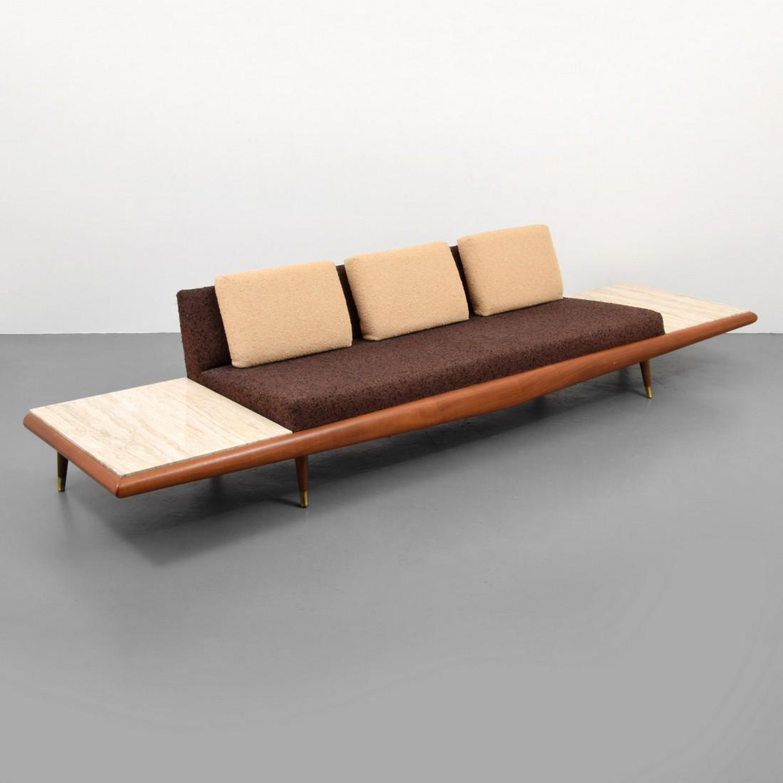 Large Adrian Pearsall Sofa/Daybed: Designer/Artist; Manufacturer: Adrian Pearsall; Craft Associates Markings: label, marking(s) Country of Origin & Materials: USA; wood, upholstery, travertine, metal Additional Information: Sofa is mod