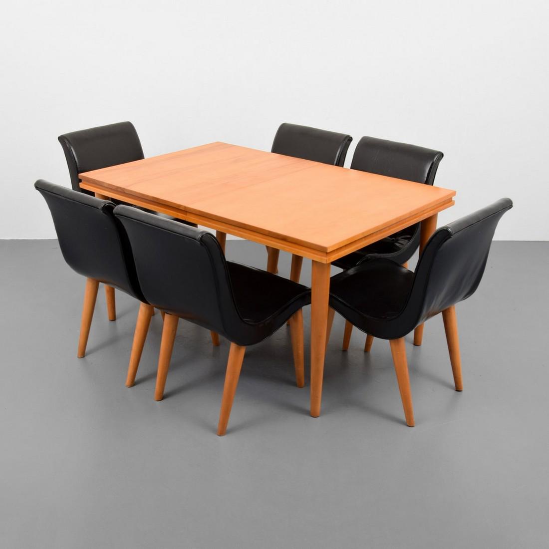 Russel Wright "Modernmates" Dining Table & 6 Chairs: Designer/Artist; Manufacturer: Russel Wright; Conant Ball Markings: no marking(s) apparent Country of Origin & Materials: USA; wood, vinyl Additional Information: Set is comprised of dining table and
