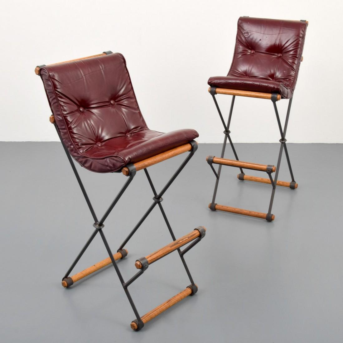 Pair of Cleo Baldon High-Backed Bar Stools: Designer/Artist; Manufacturer: Cleo Baldon; Terra Furniture Markings: no marking(s) apparent Country of Origin & Materials: USA; wrought iron, oak, leather or vinyl Additional Information: 20th Centur