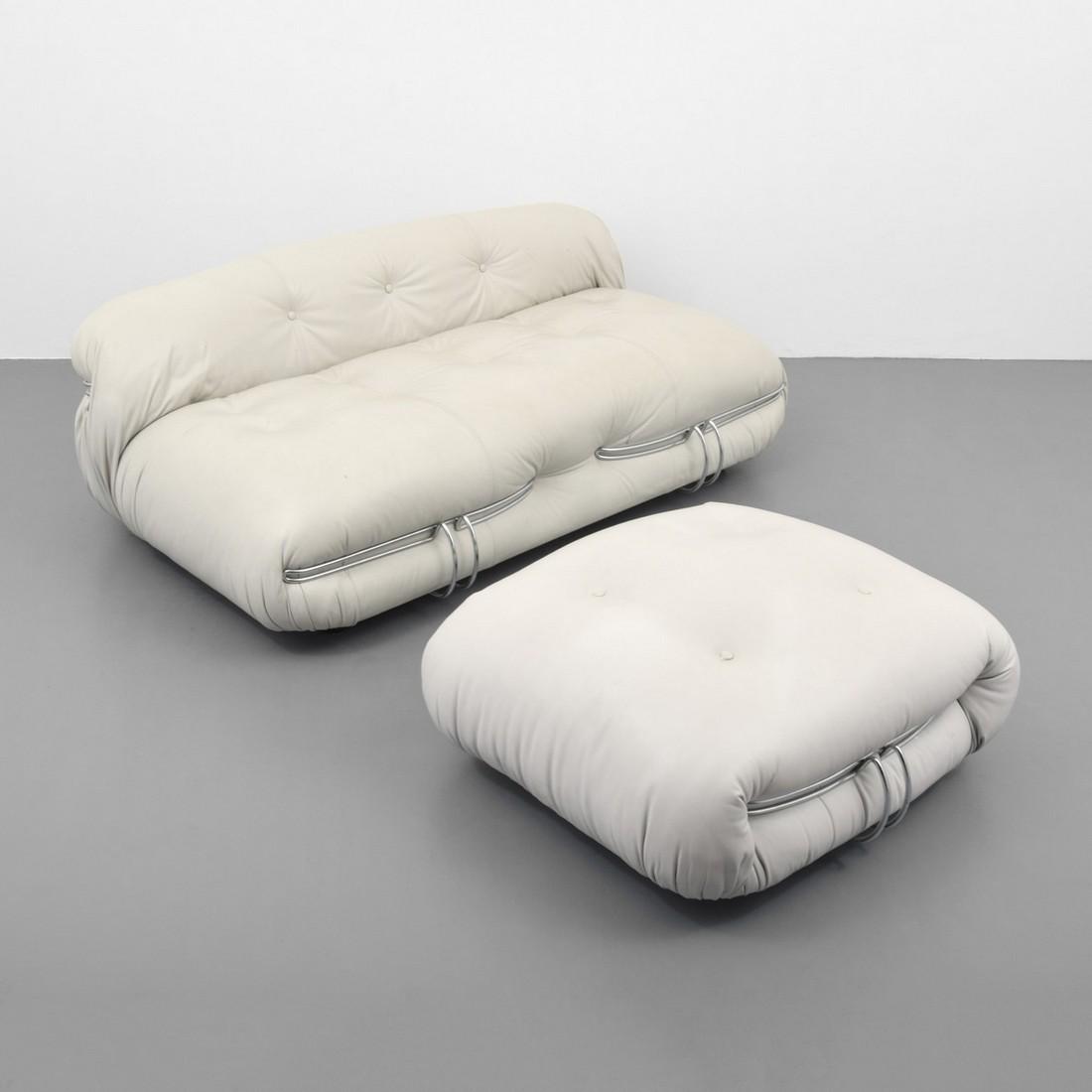 Afra & Tobia Scarpa "Soriana" Loveseat & Ottoman: Designer/Artist; Manufacturer: Afra & Tobia Scarpa; Cassina Markings: Cassina label, Atelier International Limited label Country of Origin & Materials: Italy; chromed metal, leather, metal Additional