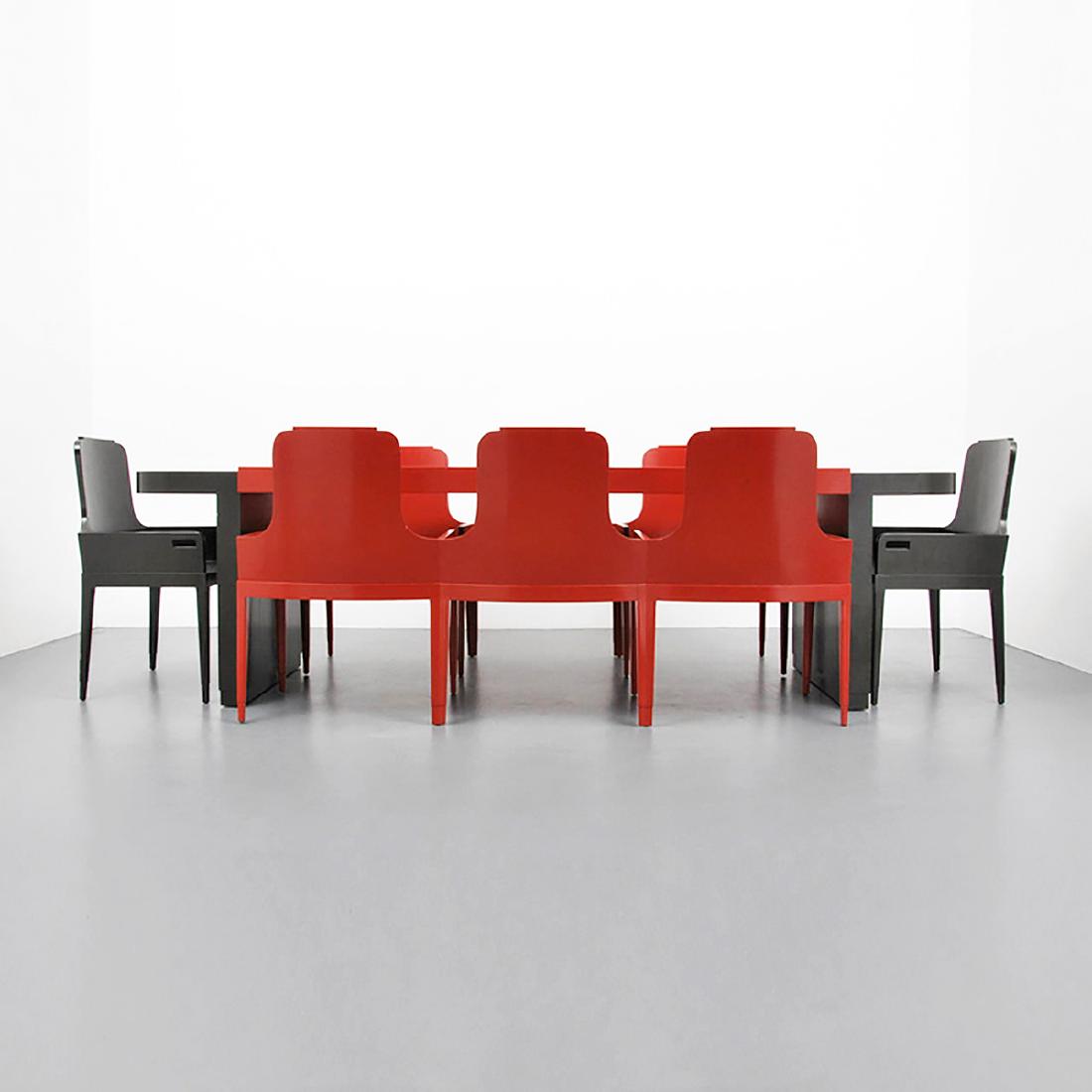 Rare Jules Bouy Art Deco Dining Suite: Designer/Artist; Manufacturer: Jules Bouy Markings: no marking(s) apparent Country of Origin & Materials: France; lacquered wood, caning Additional Information: Set is comprised of a dining table, two