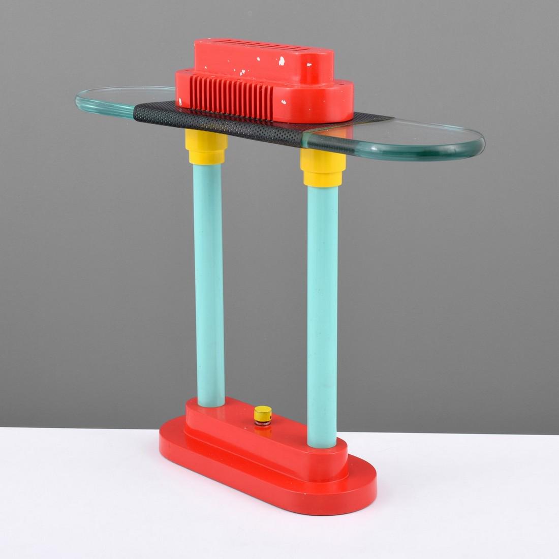 Robert Sonneman Memphis-Style Table Lamp: Designer/Artist; Manufacturer: Robert Sonneman; George Kovacs Markings: no marking(s) apparent Country of Origin & Materials: USA; enameled metal, Lucite (or acrylic) Additional Information: 20th Cent