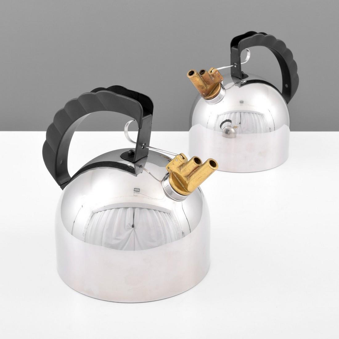 2 Richard Sapper Tea Kettles: Designer/Artist; Manufacturer: Richard Sapper; Alessi Markings: Alessi imprint, marking(s) Country of Origin & Materials: Germany/Italy; stainless steel, brass, plastic Additional Information: Tea ket