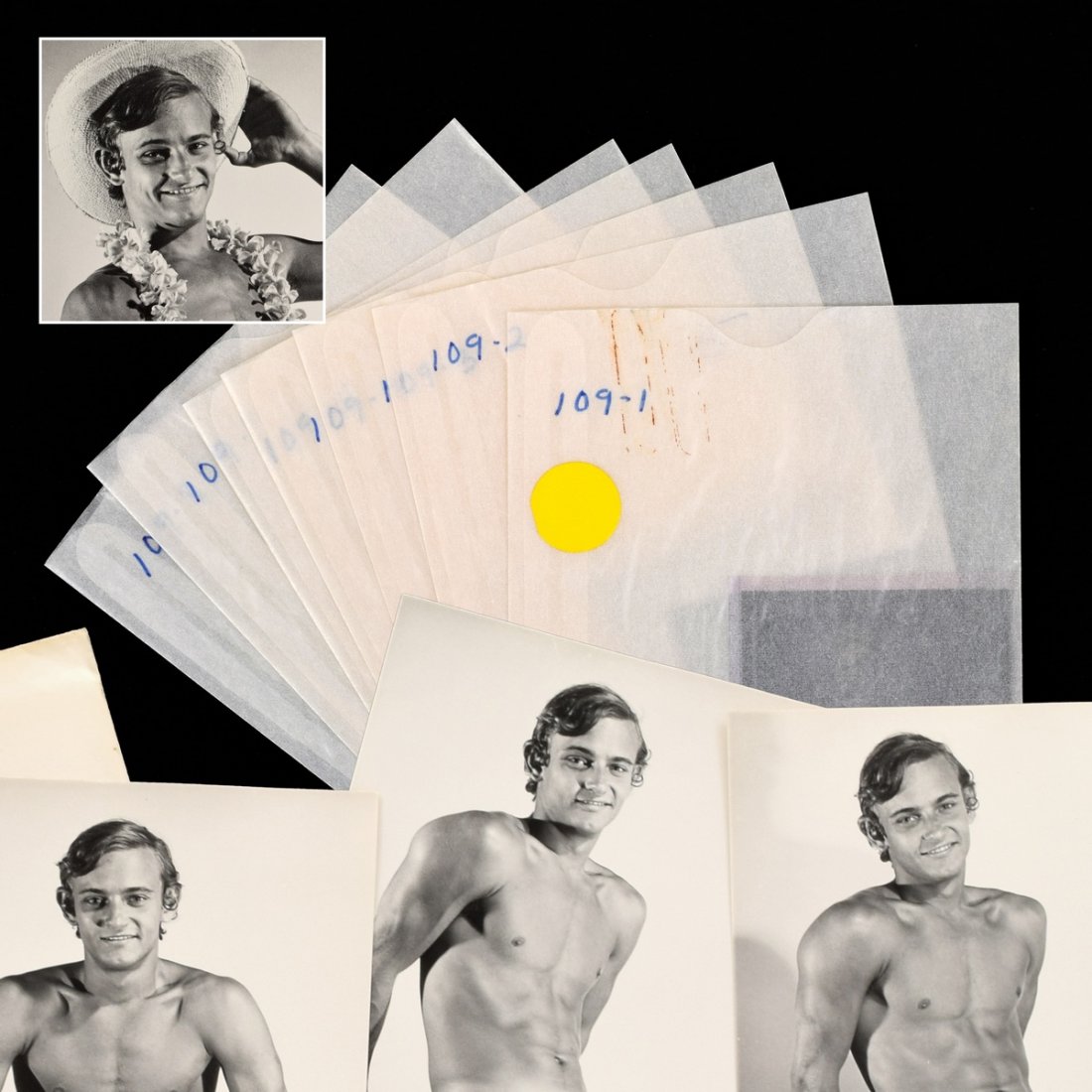 7 Bruce Bellas Nude Male Physique Photos & 7 Negatives: Designer/Artist; Manufacturer: Bruce Bellas (1909-1974), aka Bruce of Los Angeles Markings: Agfa printed paper. Series stamp to envelope. Marking(s). Some lots in this auction have various handwritte