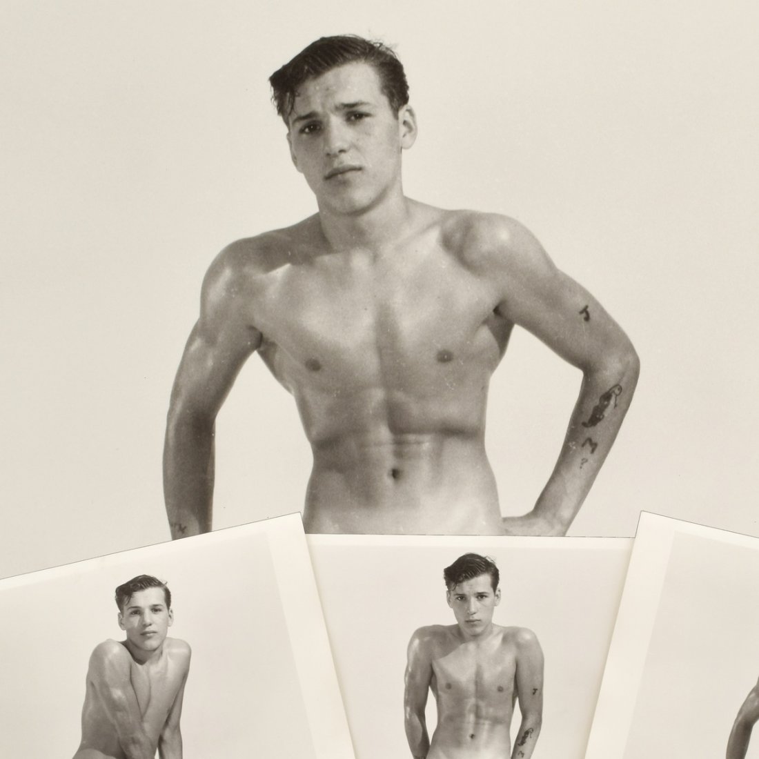 3 Large Bruce Bellas Nude Male Physique Photos: Designer/Artist; Manufacturer: Bruce Bellas (1909-1974), aka Bruce of Los Angeles Markings: Agfa printed paper. Some lots in this auction have various handwritten notations on the photos/packaging. T