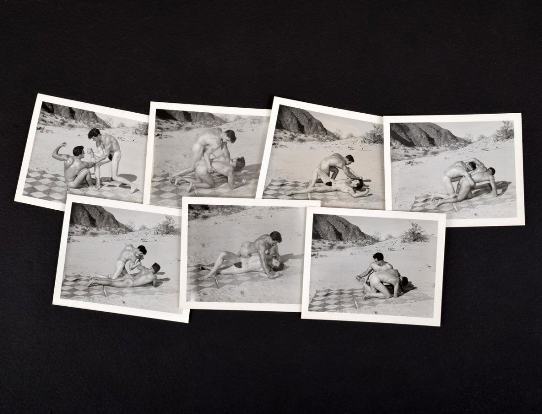 7 Bruce Bellas Male Physique Wrestling Photos: Designer/Artist; Manufacturer: Bruce Bellas (1909-1974), aka Bruce of Los Angeles Markings: Handwritten notations to photos and sleeves. Some lots in this auction have various handwritten notations o