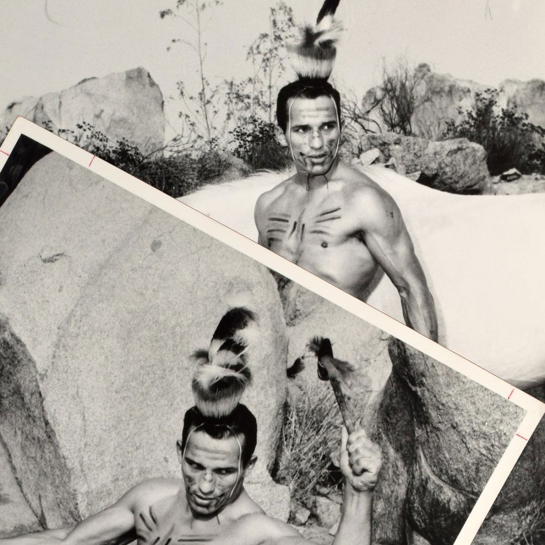 2 Bruce Bellas Nude Male Physique Photos: Designer/Artist; Manufacturer: Bruce Bellas (1909-1974), aka Bruce of Los Angeles Markings: One with Bruce stamp and handwritten notations to reverse. Some lots in this auction have various handwritt