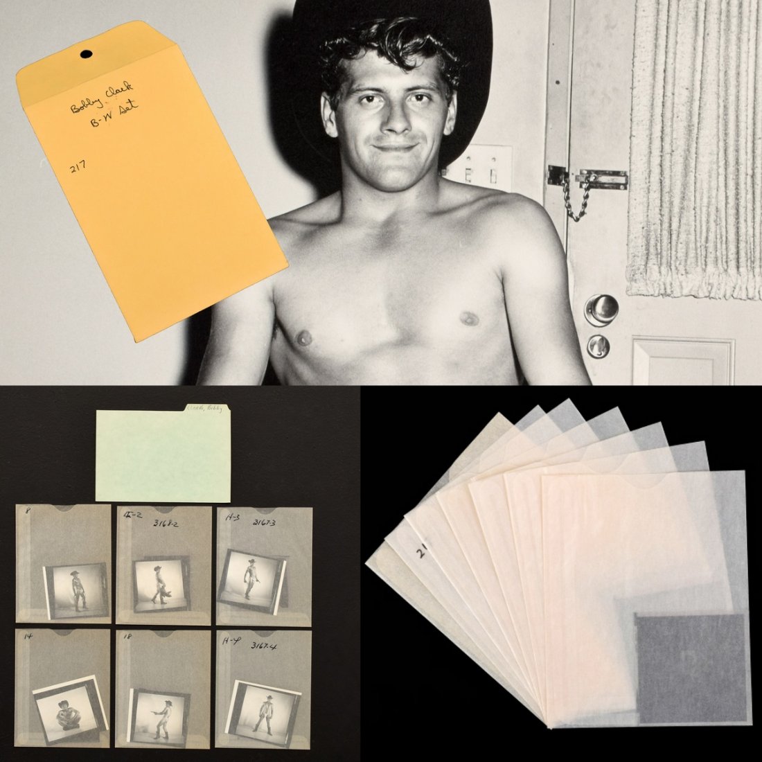 7 Bruce Bellas Nude Male Photos, Negatives, & Catalog: Designer/Artist; Manufacturer: Bruce Bellas (1909-1974), aka Bruce of Los Angeles Markings: Marking(s); sleeves with various numbers, one with Agfa logo to paper. Some lots in this auction have vario