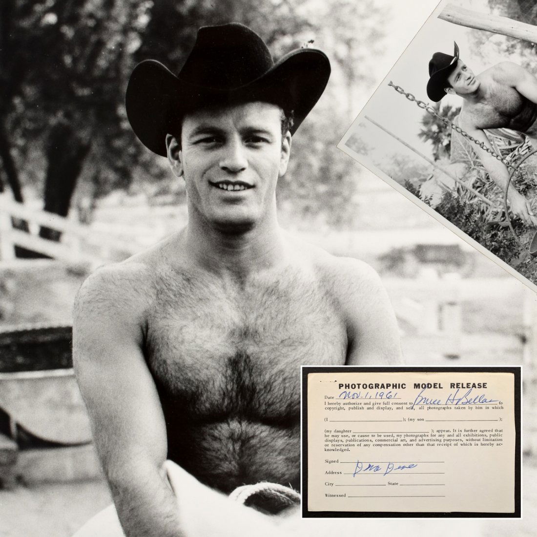 5 Bruce Bellas Nude Male Photos, Negatives, & Catalog: Designer/Artist; Manufacturer: Bruce Bellas (1909-1974), aka Bruce of Los Angeles Markings: Marking(s); photo release signed and dated; divider dated. Some lots in this auction have various handwritt