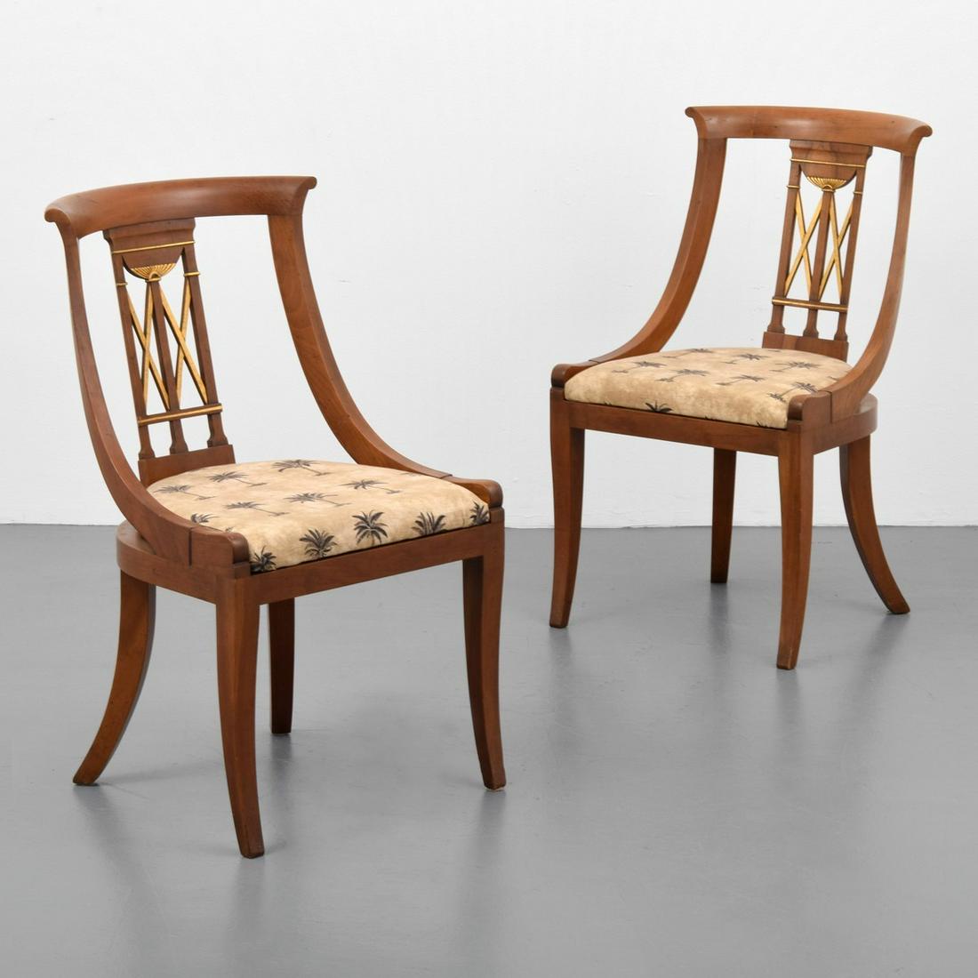 Pair of Baker Furniture Neoclassical Side Chairs: Designer/Artist; Manufacturer: Baker Furniture Markings/Notes: Baker Furniture plaque Country of Origin & Materials: USA; wood, upholstery Additional Information: Relevant term(s): Michael Taylor. Can