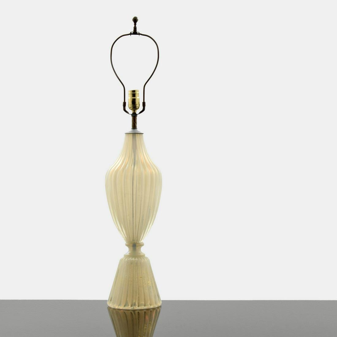Large Barovier & Toso Lamp, Murano: Designer/Artist; Manufacturer: Barovier & Toso Markings/Notes: no marking(s) apparent Country of Origin & Materials: Italy; glass, metal Additional Information: Lamp has gold aventurine throughout. Ca