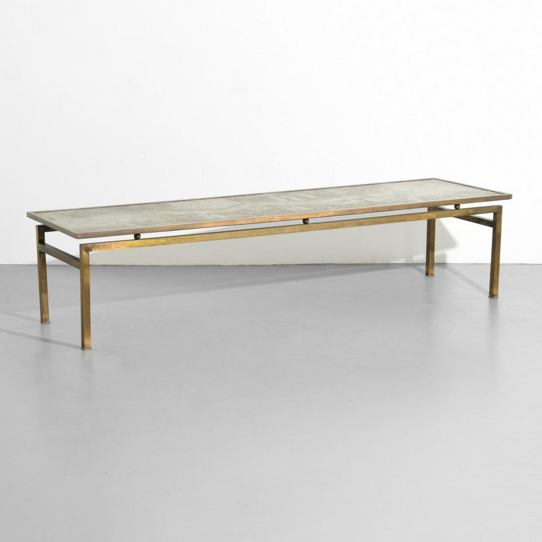Long Philip & Kelvin LaVerne "Tao" Coffee Table: Designer/Artist; Manufacturer: Philip LaVerne (American, 1908-1988), Kelvin LaVerne (American, b. 1936) Markings/Notes: signed Country of Origin & Materials: USA; acid-etched mixed metals Additional I