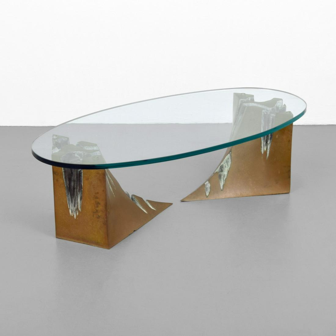 Brutalist Bronze Coffee Table, Manner of Silas Seandel: Designer/Artist; Manufacturer: Silas Seandel, manner of Markings/Notes: no marking(s) apparent Country of Origin & Materials: country of origin unknown; bronze, glass Additional Information: 20th Cent