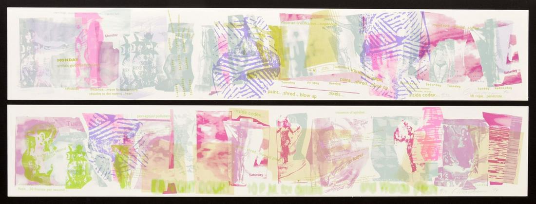 2 Carolee Schneemann Screenprints, Signed Edition: Designer/Artist; Manufacturer: Carolee Schneemann (1939-2019) Markings/Notes: signed; ed. 9/32; 1994 Country of Origin & Materials: American; screenprint on Rives BFK paper Additional Information: Dip