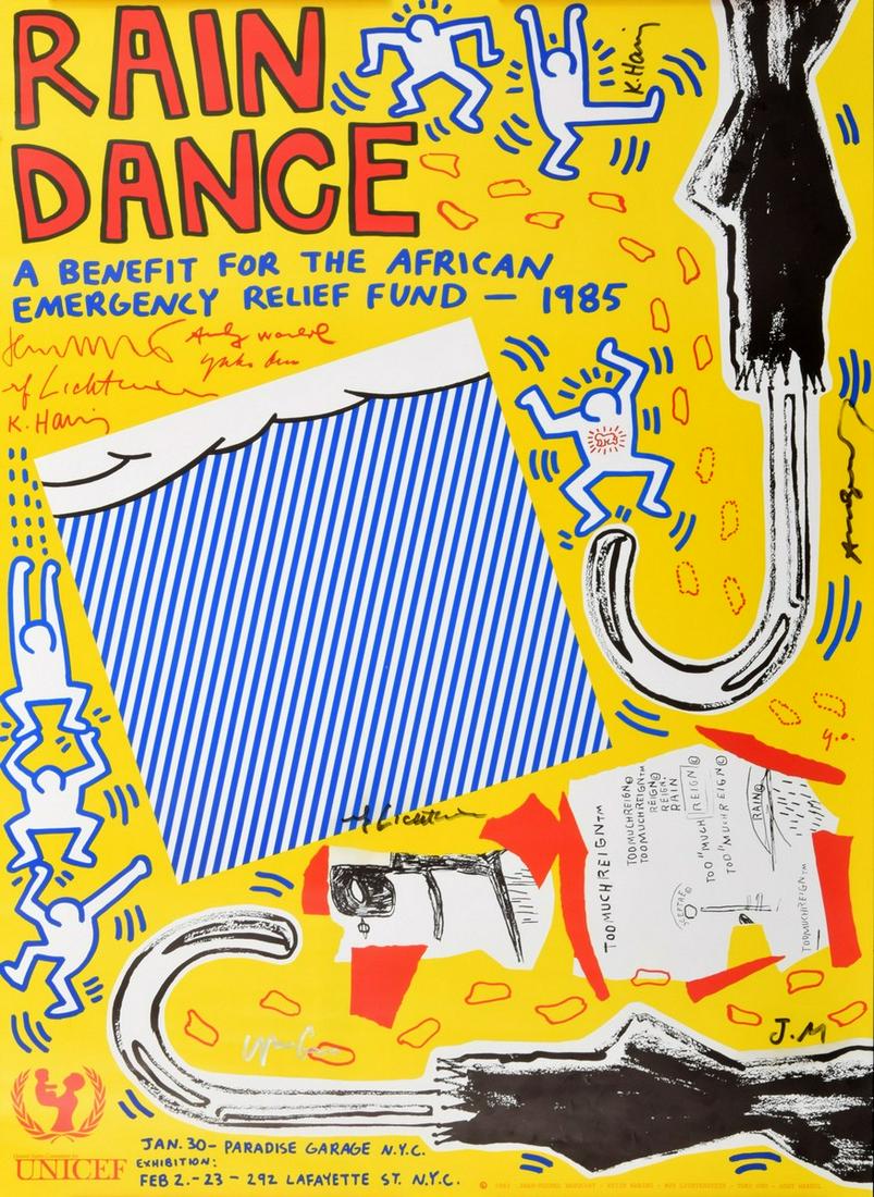 Signed "Rain Dance" Poster: Warhol, Haring, Basquiat...: Designer/Artist; Manufacturer: Jean Michel Basquiat (1960-1988), Keith Haring (1958-1990), Roy Lichtenstein (1923-1997), Yoko Ono (b. 1933) , Andy Warhol (1928-1987) Markings/Notes: signed five times;