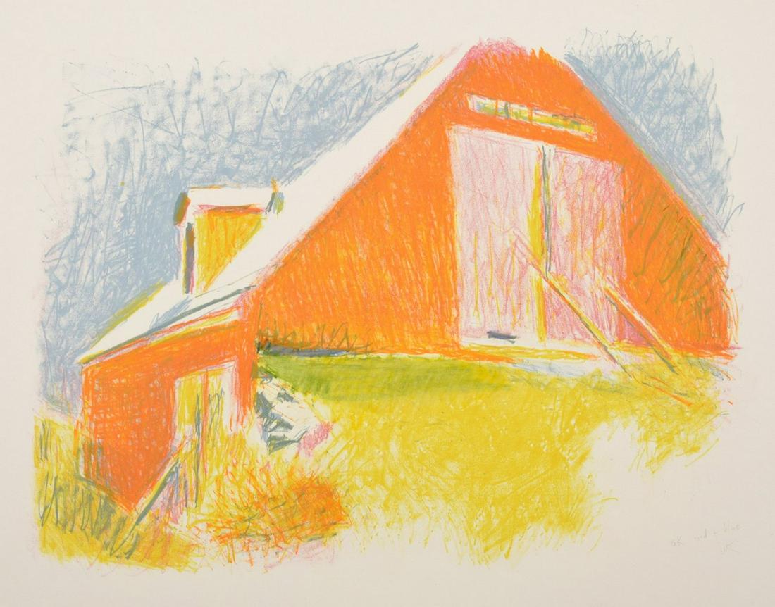 Wolf Kahn "Barn Head On" Lithograph, Signed Edition: Designer/Artist; Manufacturer: Wolf Kahn (b. 1927) Markings/Notes: signed, blind stamp; "ok to print" Country of Origin & Materials: German/American; lithograph on paper Additional Information: Poster