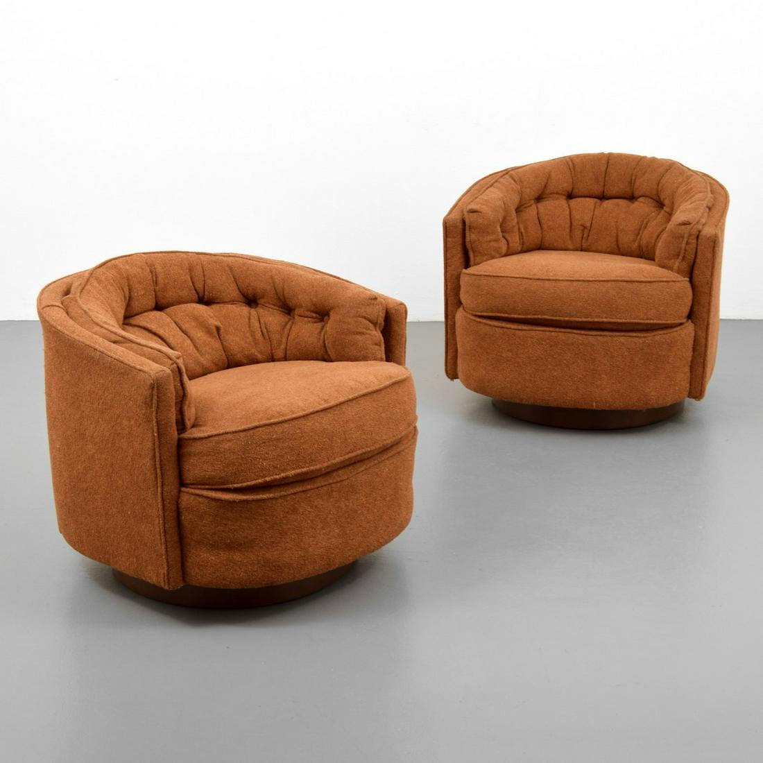 Pair of Swivel Chairs, Manner of Milo Baughman: Designer/Artist; Manufacturer: Milo Baughman, manner of Markings/Notes: no marking(s) apparent Country of Origin & Materials: country of origin unknown; upholstery, wood Additional Information: 20th C