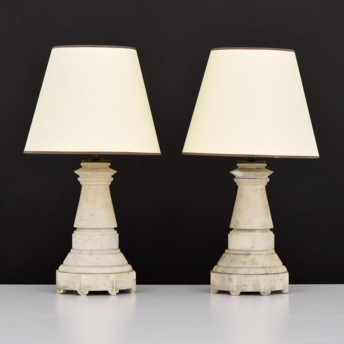 Pair of French Table Lamps, Manner of Samuel Marx: Designer/Artist; Manufacturer: unknown Markings/Notes: no marking(s) apparent Country of Origin & Materials: France; marble, metal, enameled metal Additional Information: Consignor was advised at purc