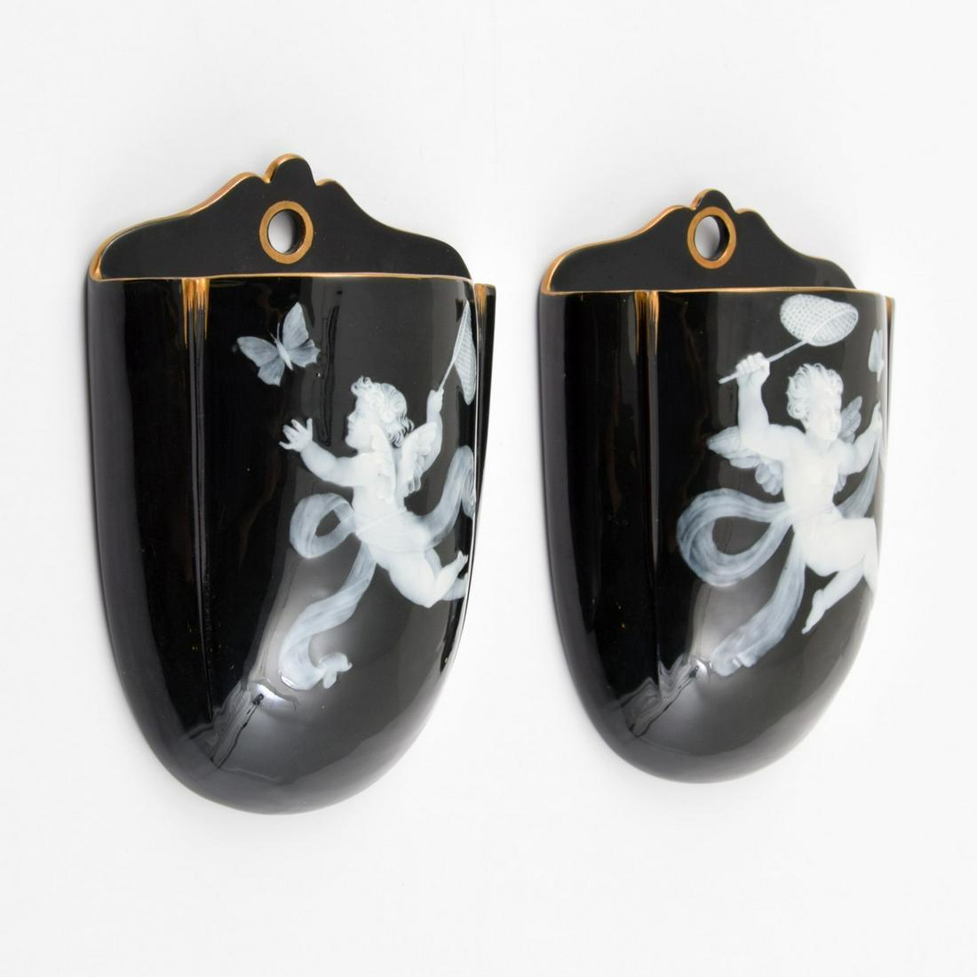 2 George Jones "Pate Sur Pate" Wall Pockets: Designer/Artist; Manufacturer: George Jones Markings/Notes: 5654 B + Country of Origin & Materials: United Kingdom; porcelain Additional Information: Provenance: This lot is one of a number of pieces 