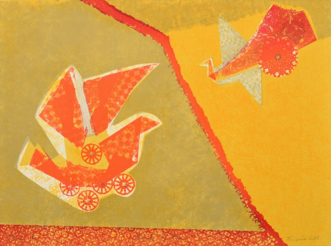 Francoise Gilot "Chariots of Fire" Lithograph, Signed: Designer/Artist; Manufacturer: Francoise Gilot (b. 1921) Markings/Notes: signed, blind stamp; S.P.I. 1 Country of Origin & Materials: French; lithograph on paper Additional Information: Posters, Print