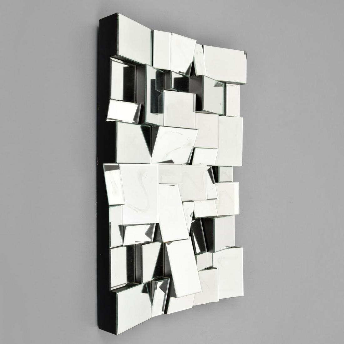 Large Neal Small Faceted Mirror: Designer/Artist; Manufacturer: Neal Small; Neal Small Design Studio Markings/Notes: marking(s) Country of Origin & Materials: USA; mirrored glass, wood Additional Information: Mirror can be hung horiz