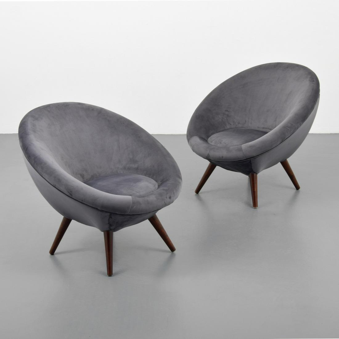 Pair of Chairs, Manner of Ico Parisi: Designer & Manufacturer: Ico Parisi, manner of Markings/Notes: no marking(s) apparent Country of Origin & Materials: country of origin unknown; wood, upholstery Dimensions(H,W,D): 26.5"h, 26.5"w, 30"d