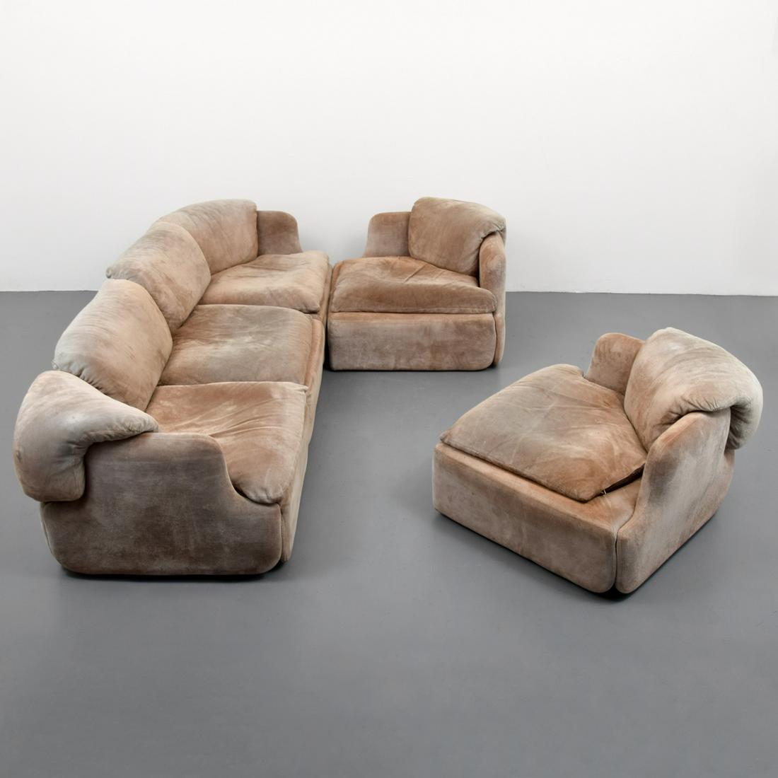 Alberto Rosselli Sofa & 2 Lounge Chairs: Designer & Manufacturer: Alberto Rosselli; Saporiti Markings/Notes: no marking(s) apparent Country of Origin & Materials: Italy; suede leather, other (base) Dimensions(H,W,D): sofa: 26"h, 96"w, 33"d; 