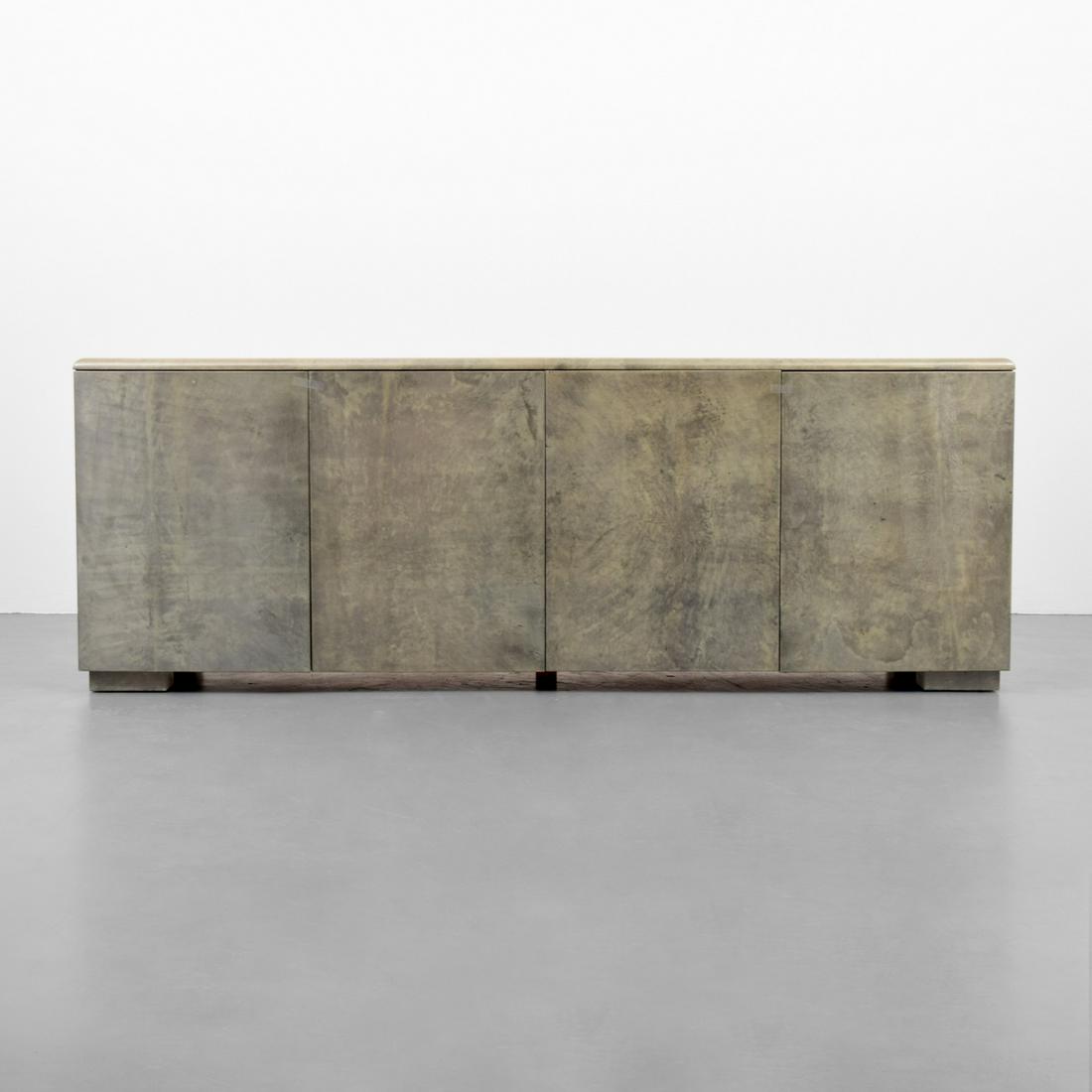 Large Aldo Tura Lacquered Parchment Cabinet: Designer & Manufacturer: Aldo Tura Markings/Notes: no marking(s) apparent Country of Origin & Materials: Italy; lacquered parchment, glass, metal Dimensions(H,W,D): 30"h, 82"w, 19.5"d Additional Info