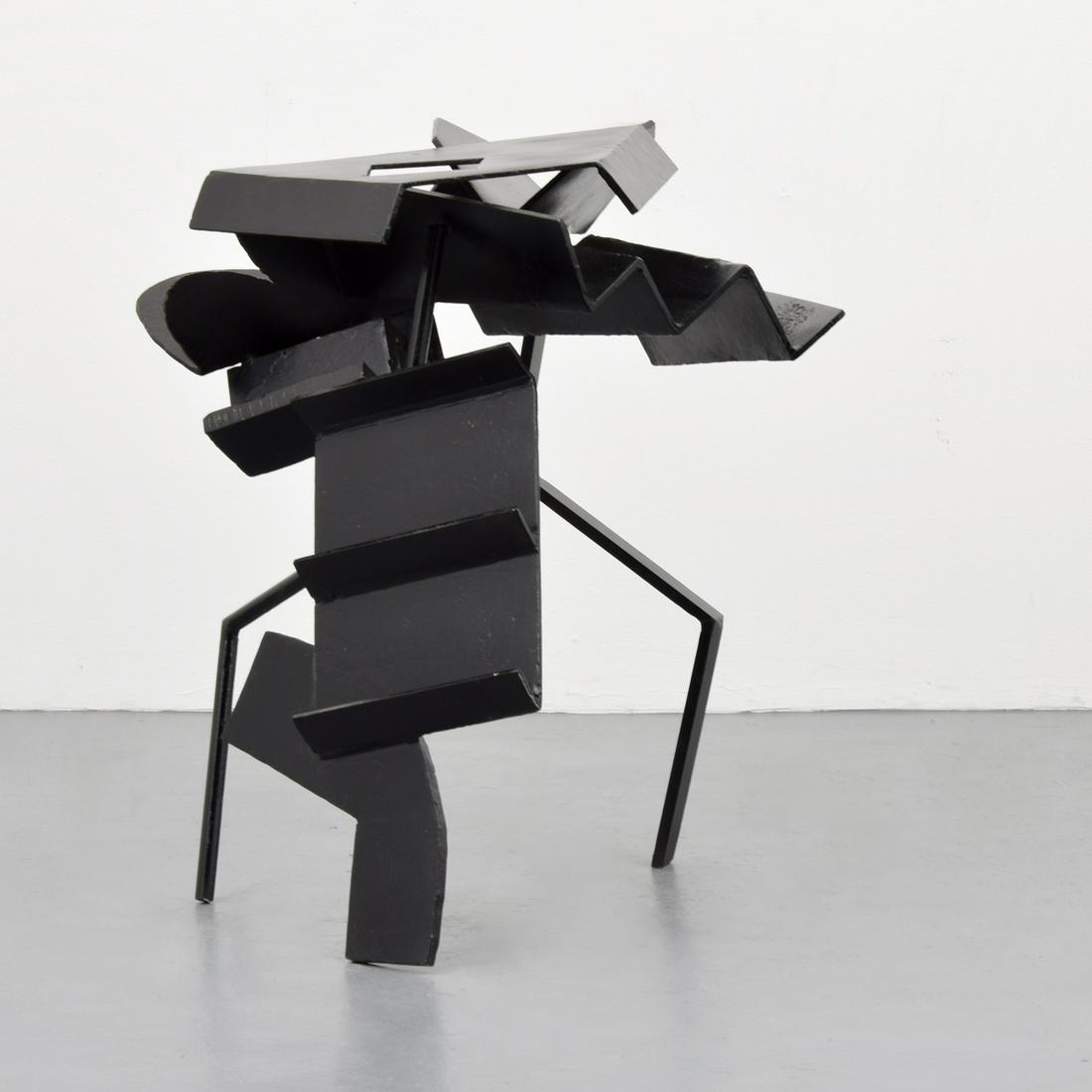 Large Peter Reginato Abstract Sculpture, 32"h x 28"w": Designer & Manufacturer: Peter Reginato (b. 1945) Markings/Notes: signed, 4-80; 1975 (provided by gallery) Country of Origin & Materials: American; painted Cor-Ten steel Dimensions(H,W,D): 32"h, 28"w,