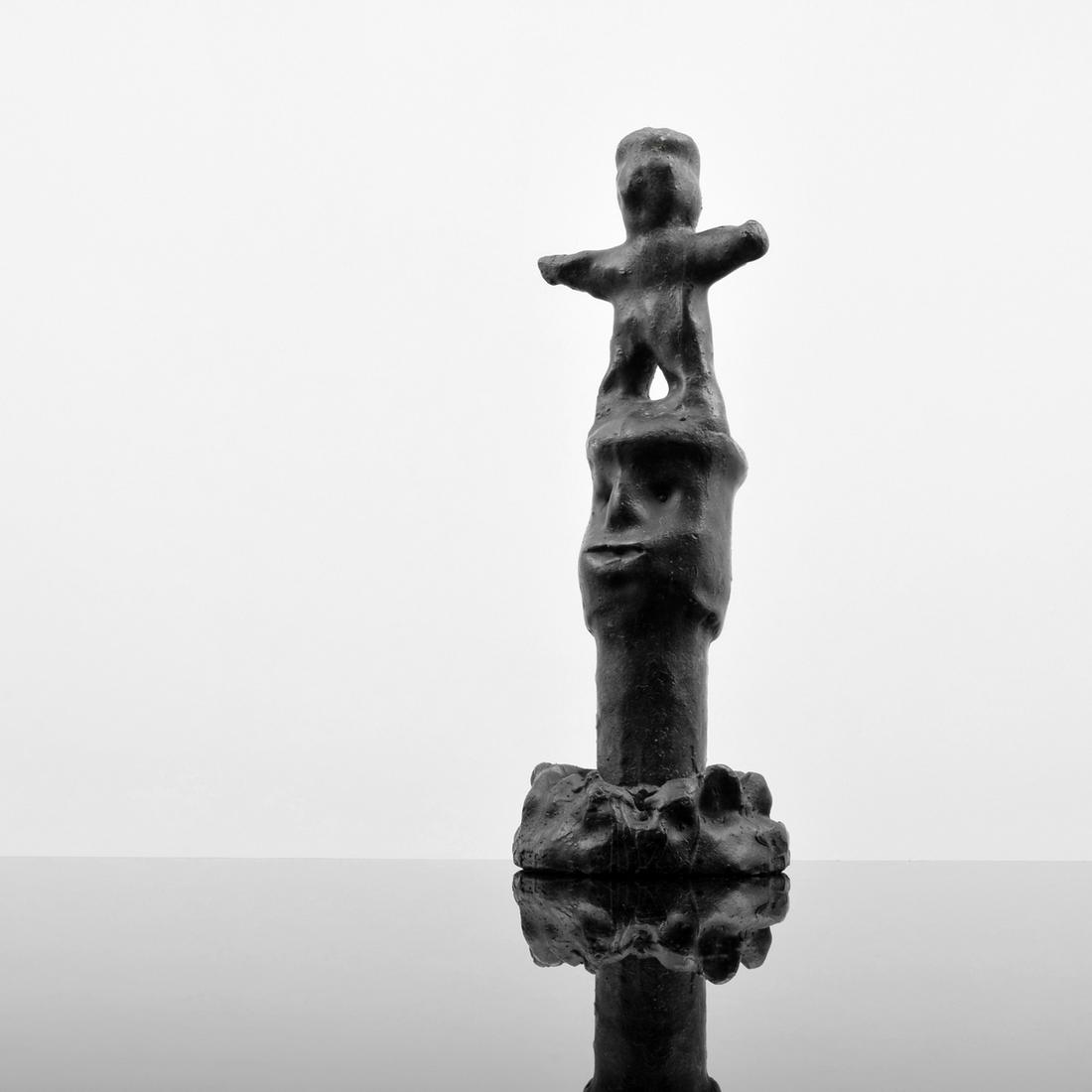 Robin Winters Bronze Figural Sculpture: Designer & Manufacturer: Robin Winters (b. 1950) Markings/Notes: no marking(s) apparent; 1990 Country of Origin & Materials: American; bronze Dimensions(H,W,D): 12.75"oah assembled, 4.75"dia Addition