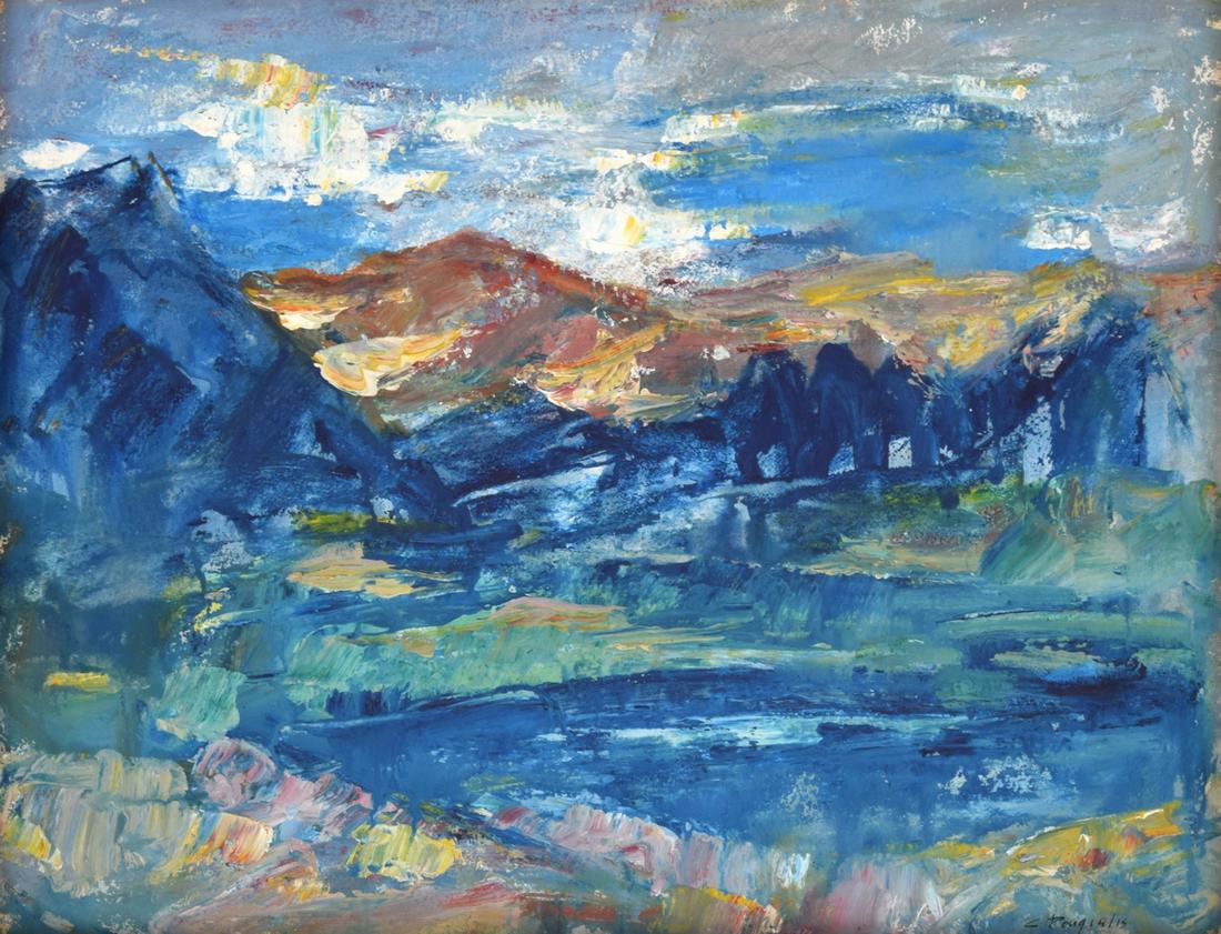 Constantine Pougialis Painting, Landscape: Designer & Manufacturer: Constantine Pougialis (1894-1985) Markings/Notes: signed Country of Origin & Materials: Greek; mixed media on paper Dimensions(H,W,D): 17.5"h, 22.5"w; 22"h, 27"w frame Additi