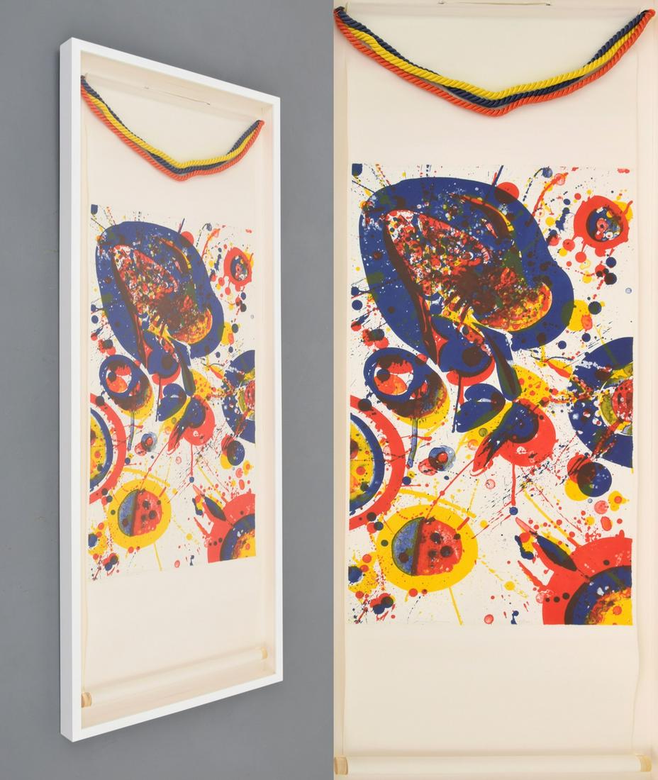 Large Sam Francis Lithograph Scroll, Signed Edition: Designer & Manufacturer: Sam Francis (1923-1994) Markings/Notes: signed; ed. 55/100 Country of Origin & Materials: American; lithograph on Shirikawa rice paper, silk scroll, Lucite or acrylic Dimensio