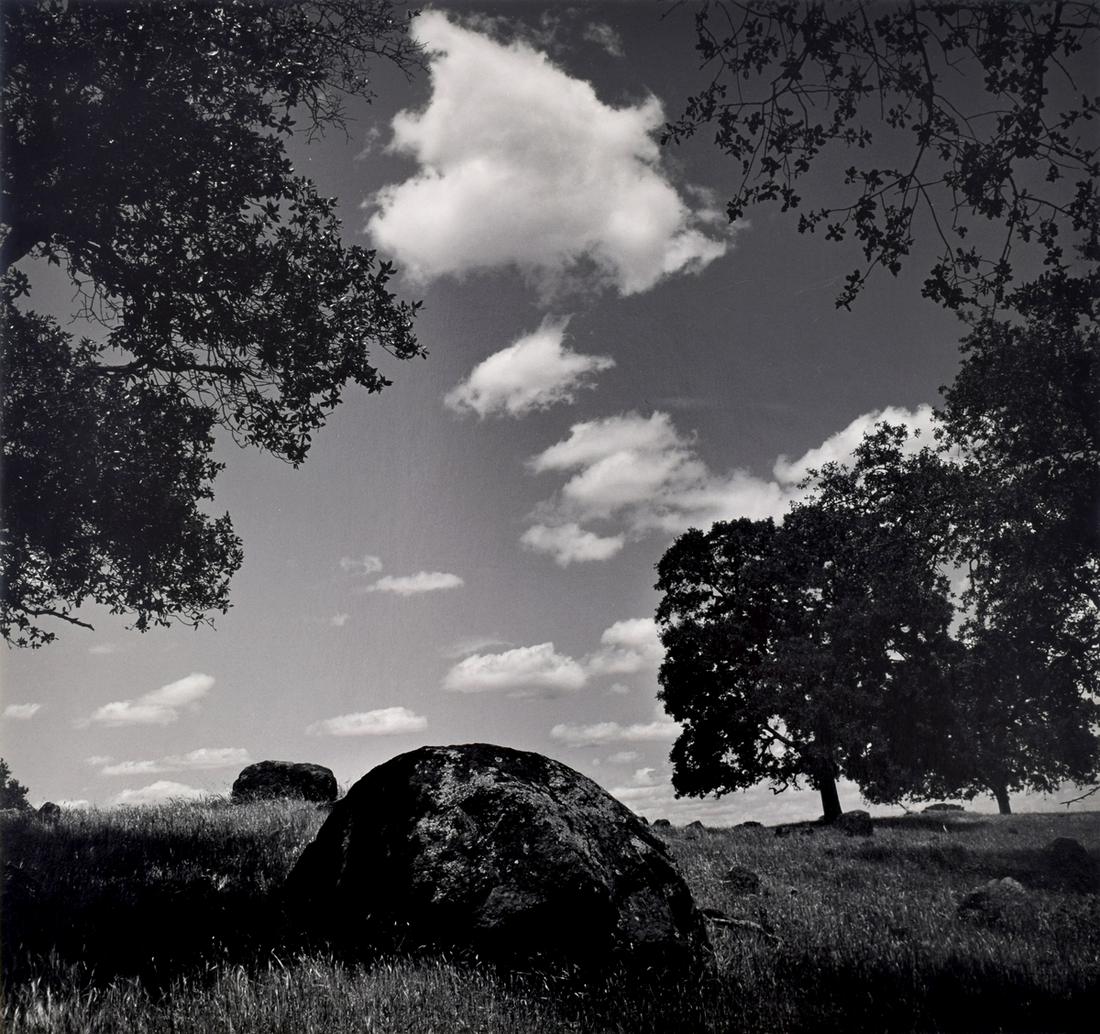 Ansel Adams "Whitney Ranch" Gelatin Silver Print: Designer & Manufacturer: Ansel Adams (1902-1984) Markings/Notes: Carmel credit stamp (negative no. PJ-6-4-12, credit Pinkle Jones) to reverse of mount, handwritten notations Country of Origin & Materi