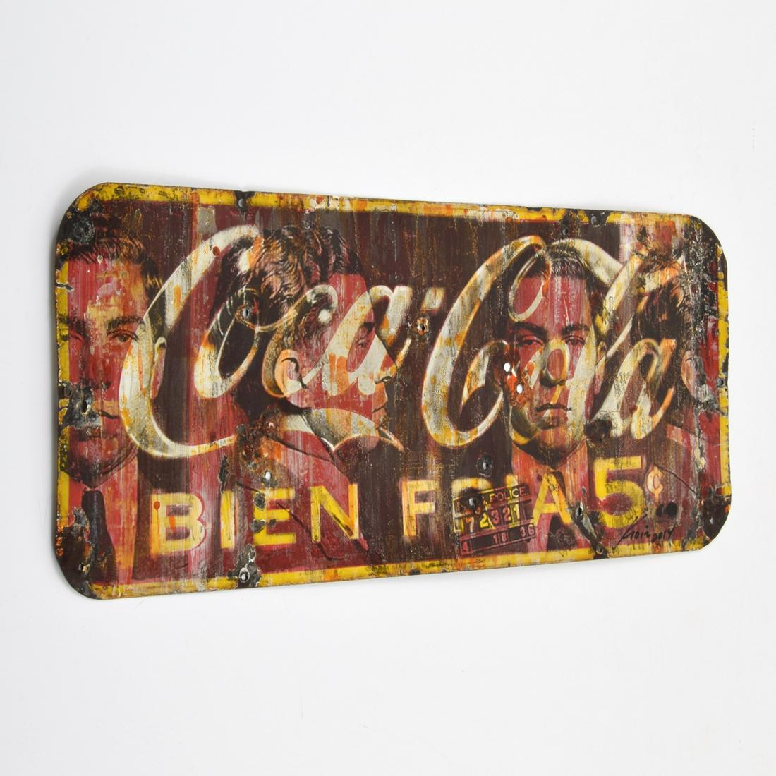 Kadir Lopez Nieves Mixed Media Painting: Designer & Manufacturer: Kadir Lopez Nieves (b. 1972) Markings/Notes: signed, marking(s) Country of Origin & Materials: Cuban; mixed media on distressed metal sign Dimensions(H,W,D): 12.25"h, 29.25"w