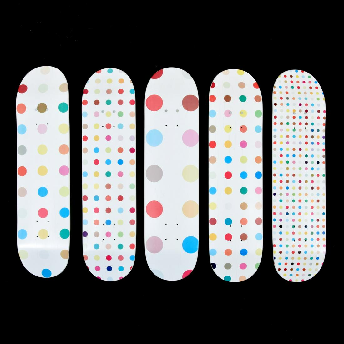 Damien Hirst Supreme Skate Decks (Spot), Set of 5: Designer & Manufacturer: Damien Hirst (English, b. 1965); Supreme Markings/Notes: marking(s) Country of Origin & Materials: USA; transfer printed plywood, metal Dimensions(H,W,D): 31"h, 8"w Additiona