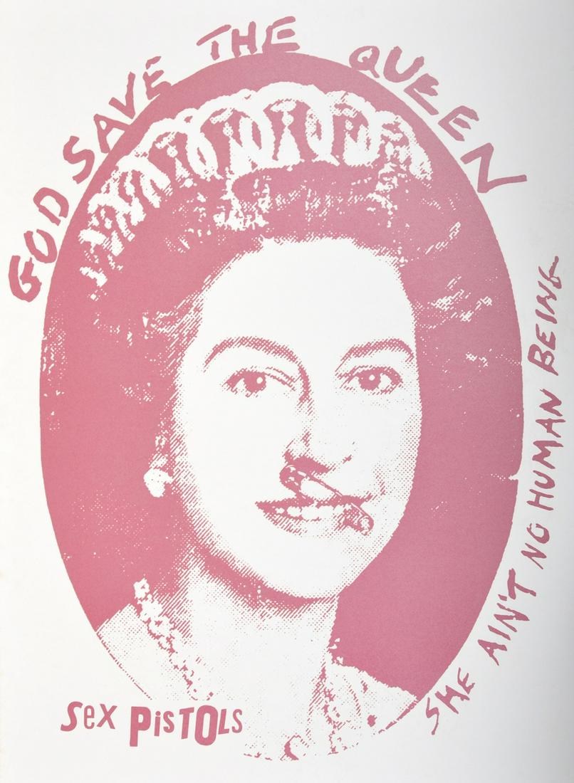 Jamie Reid "God Save the Queen" Sex Pistols Poster: Designer & Manufacturer: Jamie Reid (b. 1947) Markings/Notes: no marking(s) apparent Country of Origin & Materials: English; screenprint on archival paper Dimensions(H,W,D): 40"h, 29"w Additional Inf