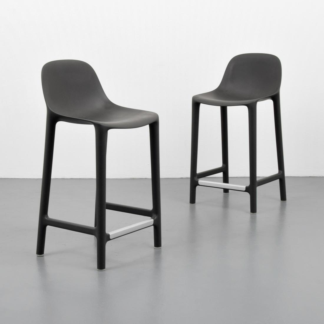 2 Philippe Starck "Broom 24" Counter Stools: Designer & Manufacturer: Philippe Starck; Emeco Markings/Notes: Starck Emeco Imprint Country of Origin & Materials: USA; 75% waste polypropylene, 15% reclaimed wood Dimensions(H,W,D): 33.5"h, 16"w, 16