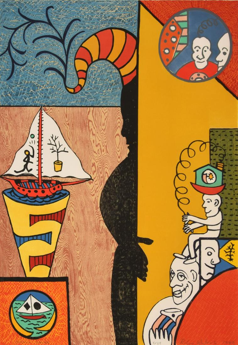 Monumental Robin Winters Woodcut, Signed Edition: Designer & Manufacturer: Robin Winters (b. 1950) Markings/Notes: signed; ed. 5/25; 1989 Country of Origin & Materials: American; color woodcut Dimensions(H,W,D): 59.5"h, 42"w; 63"h, 45.25"w frame Add